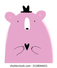 Cute Hand gezeichnet rosa Teddybären Vektorgrafik. Schöne Nurserie-Kunst mit Big Dreamy Big Bar Holding Little Heart auf weißem Hintergrund für Wall Art, Poster, Valentinstag Card, Dekoration.