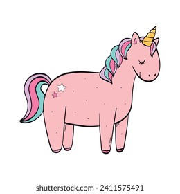 cute `hand drawn pink unicorn isolated on white background for nursery prints, posters, cards, banners, signs, stickers, sublimation, etc. EPS 10