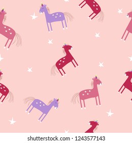 Cute hand drawn pink unicorns seamless pattern. Vector illustration.