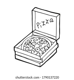 Cute hand drawn pizza box on white background. Vector design in trendy Scandinavian style. Funny, cute, hygge illustration for poster, social media banner, print, decoration kitchen or cafe menu.