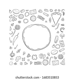 Cute hand drawn pizza construction illustration. Vector composition. Make your own pizza.
