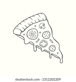 Cute hand drawn pizza slice vector illustration with melted cheese and salad