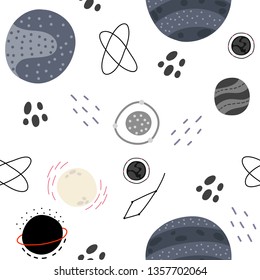 Cute hand drawn planets, stars, space objects seamless pattern background. Scandinavian style, vector illustration. Wrapping paper, kids textile, background fill . 