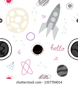 Cute hand drawn planets, stars, space objects seamless pattern background. Scandinavian style, vector illustration. Wrapping paper, kids textile, background fill . 