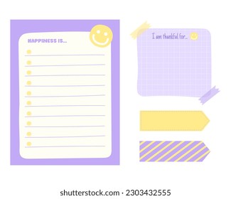 Cute hand drawn planner, journal, notepad, paper, happiness is, vector illustration