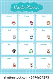 Cute hand drawn planner pastel color.
Journal schedule vector illustration.
Yearly planners with blue background and month list.