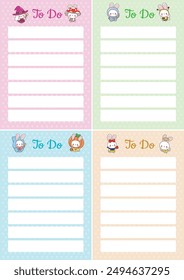 Cute hand drawn planner pastel color.
Journal schedule vector illustration.
4 variations of notes with pink, green, blue and orange color.