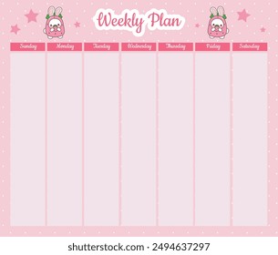 Cute hand drawn planner pastel color.
Journal schedule vector illustration.
Weekly plan with bunny stickers and pink background.