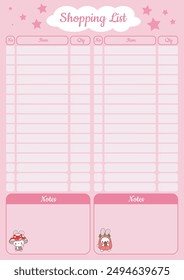 Cute hand drawn planner pastel color.
Journal schedule vector illustration.
Shopping cart cute notes with pink background and bunny stickers.