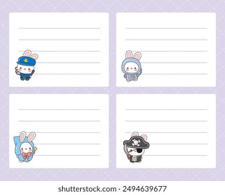 Cute hand drawn planner pastel color.
Journal schedule vector illustration.
4 columns of cute bunny notes, with purple or violet background. Cute pet notes