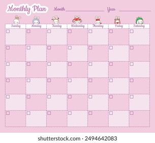 Cute hand drawn planner pastel color.
Journal schedule vector illustration.
Monthly planner with variation bunny stickers and pink background.