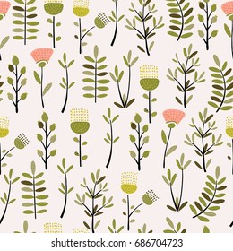 Cute hand drawn plant and flowers. Seamless vector pattern in vintage style