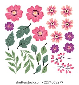 Cute hand drawn plant parts in a set. Decorative art flowers, leaves, twigs in the collection. Small pink flowers, pretty botanical design elements isolated on white background. Vector illustration.