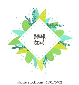 Cute hand drawn plants frame. Vector invitation or greeting card template