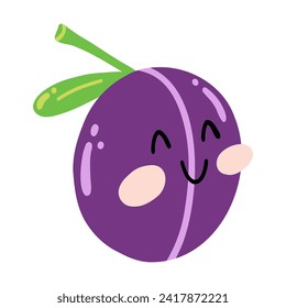 Cute hand drawn plum  smiling. Kawaii funny fruit character for kids
