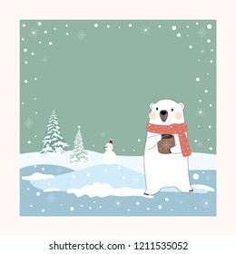 Cute hand drawn polar bear holding hot coffee with snowflakes background,Christmas background with copy space for taxt or messages,Vector Illustration for Greeting card, flyer and invitation card