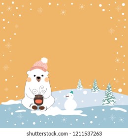 Cute hand drawn polar bear holding hot coffee with snowflakes background,Christmas background with copy space for taxt or messages,Vector Illustration for Greeting card, flyer and invitation card