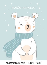 Cute hand drawn polar bear card design with text hello winter. Bear character on snowy background. Holiday Christmas design.