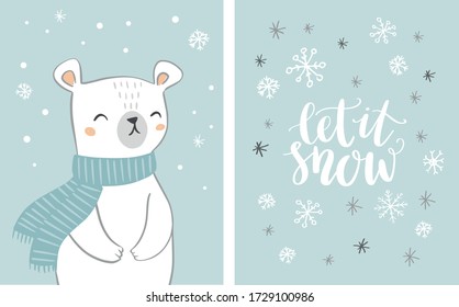 Cute hand drawn polar bear card set with handwritten text let it snow on snowy background. Bear character with snowflakes. Christmas design.	
