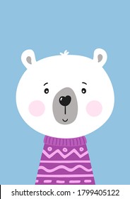 Cute hand drawn polar bear in purple sweater. Poster for baby room. Childish print for nursery. Design can be used for greeting card, invitation, baby shower. Vector illustration.