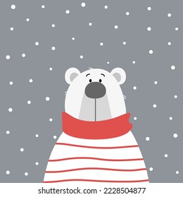 Oso polar dibujado a mano con fondo de nieve en caída. Oso de caricatura dibujado a mano. Ilustración vectorial para postales, Navidad, Año Nuevo, imprenta, tela, ropa infantil, medios sociales, banner de venta.