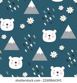 Helle, handgezeichnete Eisbärchen, glückliches Gesicht mit Bergen und Blumen auf tiefblauem Hintergrund. Kawaii-Tiere Kinder nahtlos Muster, Gewebe und Stoffdruck-Design