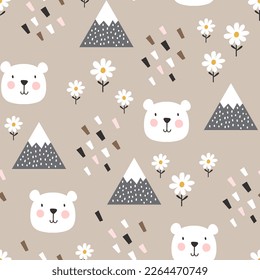 El oso polar, dibujado a mano, tiene cara feliz con montañas y flores sobre un fondo marrón beige. Animales de Kawaii niños diseño de estampado sin fisuras, tejidos y textiles
