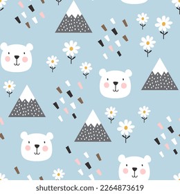 Cute hand drawn polar bear happy face with mountains and flowers on a blue background. Kawaii animals kids seamless pattern, fabric and textile print design