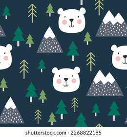 Cute hand drawn polar bear happy face with mountains and pine trees on a deep blue background. Kawaii forest animals kids seamless pattern, fabric and textile print design