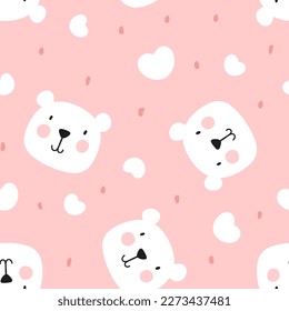 Cute hand drawn polar bear pink background, polka dot elements texture and hearts, baby girl seamless pattern for fabric and textile print, wrapping paper vector design