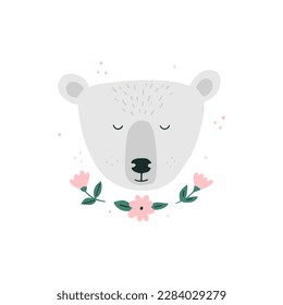 Cute Hand Drawn Polar Bear. Lovely Print with White Bear. Head With Flowers on a White Background. Infantile Style Nursery Art. Vector Illustration for Wall Art, Card.