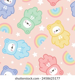 Lindo oso polar dibujado a mano con estrellas de kawaii y arco iris y fondo de puntos rosa en un colorido azul adorable, violeta, rosa, verde, rojo, amarillo cálido pijama o sudadera con capucha, diseño de ropa de cama patrón sin fisuras