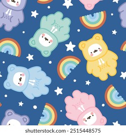 Lindo oso polar dibujado a mano con estrellas kawaii y el arco iris y puntos de fondo azul profundo en un colorido adorable violeta, rosa, verde, rojo, amarillo pijama caliente o sudadera con capucha, diseño de ropa de cama sin patrón