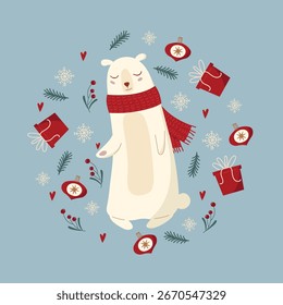 Cute hand drawn polar bear in flat cartoon stylisation. Set of new year and christmas elements. Winter illustration for children with presents, snowflakes and baubles