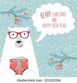 Cute hand drawn polar bear  with speech bubble and hand written text Beary Christmas and Happy New Year on snowy background