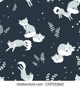 Cute hand drawn polar foxes seamless pattern, sweet winter background, great for kids textiles, banners, wallpapers, wrapping - vector design