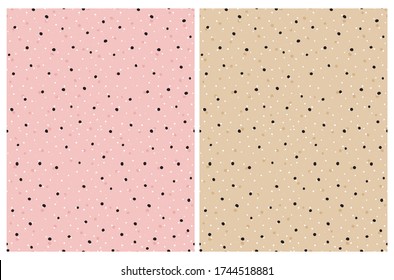 Cute Hand Drawn Polka Dots Seamless Vector Patterns. Abstract Irregular Black and White  Dots on a Pink and  Beige Background. Simple Pastel Color Dotted Vector Print. 