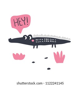 Cute hand drawn portrait of a crocodile. Lovely background. Scandi style. invitation and greeting card, birthday card, t-shirt graphic, poster.