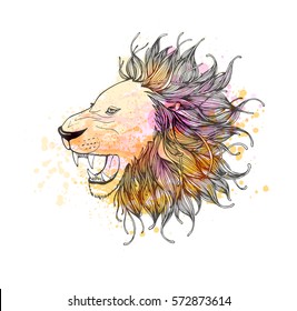 Cute Hand Drawn portrait of lion with watercolor blots.