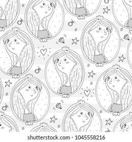 Cute hand drawn portrait of a princess in a frame. vector pattern.