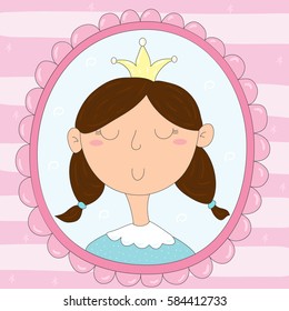 Cute hand drawn portrait of a princess in a frame. vector print