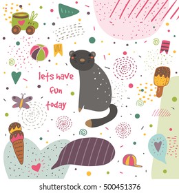 Cute hand drawn postcard with black cat, ice cream, flag, ball, butterfly, heart, cap, polka dot, stripes. Lets have fun today background for children. Baby shower cover in cartoon style