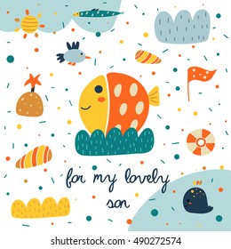 Cute hand drawn postcard with fish, seagull, sun, wave, whale, flag, shell, island, life ring, polka dots. For my lovely son background for children. Baby shower cover in cartoon style for boy