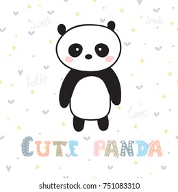 Cute hand drawn postcard with funny panda. Poster for little boys or girls. Doodle style. Sketchy character. Vector illustration