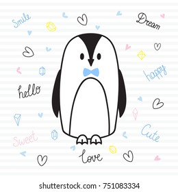 Cute hand drawn postcard with funny penguin. Card for little girl or boy. Template for your design. Doodle style. Sketchy character. Vector illustration