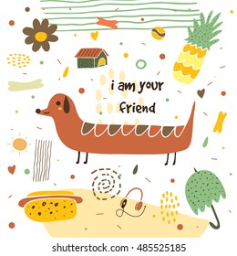 Cute hand drawn postcard with long dog, pineapple, flower, umbrella, hot dog, earphones, dog house, bone polka dots. I am your friend background for children. Baby shower cover in cartoon style