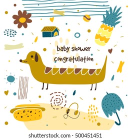 Cute hand drawn postcard with long dog, pineapple, flower, umbrella, hot dog, earphones, dog house, polka dots. Baby shower congratulation background for children. Baby shower cover in cartoon style