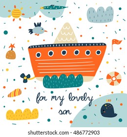 Cute hand drawn postcard with steam boat, seagull, sun, wave, whale, flag, shell, island, life ring, polka dots. For my lovely son background for children. Baby shower cover in cartoon style for boy