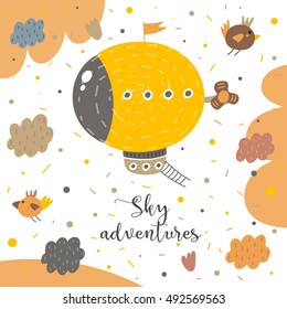 Cute hand drawn postcard with zeppelin, birds, clouds, sky, ladder, propeller, polka dots, abstract elements. Sky adventures background for children. Baby shower cover in cartoon style 