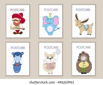 Cute hand drawn postcards birthday, party, baby shower cards, brochures, invitations with mexican, elephant, deer, hippo, squirrel, hedgehog.